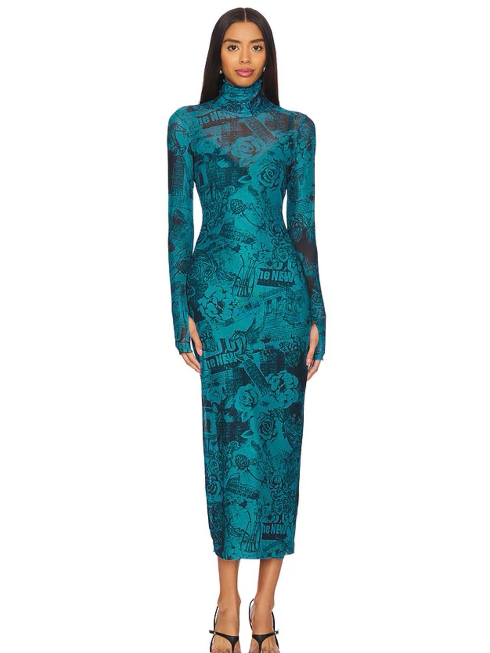AFRM Teal Printed Turtleneck Midi Dress